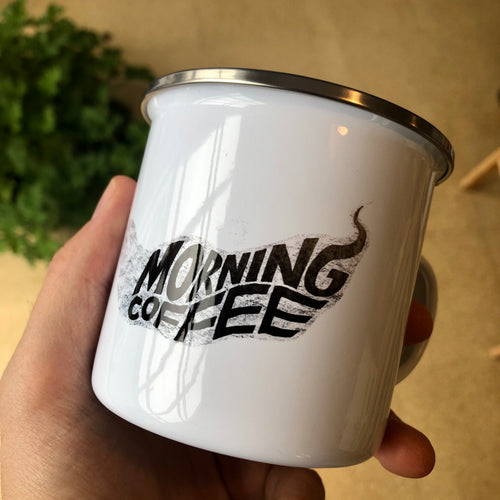 Beautiful white enamel mugs emblazoned with brilliant Morning Coffee design by Benjamin Phillips https://benjaminphillips.co.uk/  Very limited to 25 so don't snooze folks!